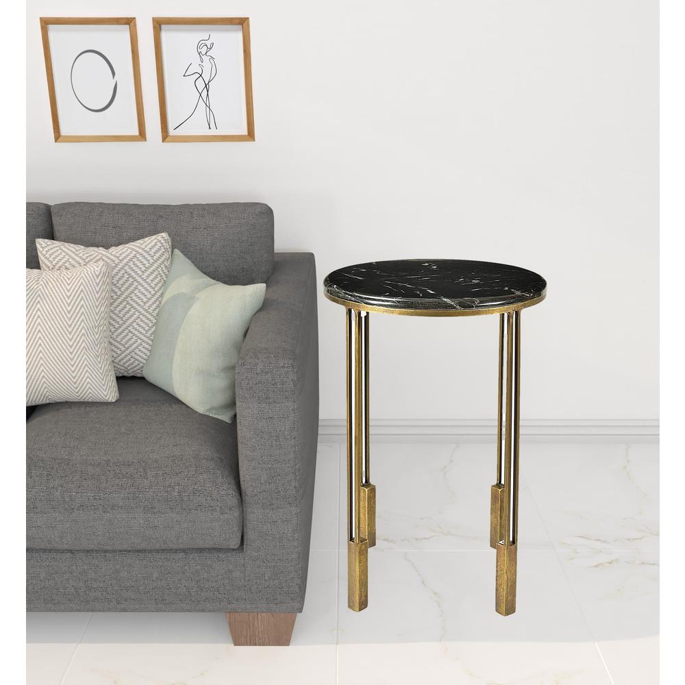 23" Gold And Black Marble And Iron Round End Table. Picture 2