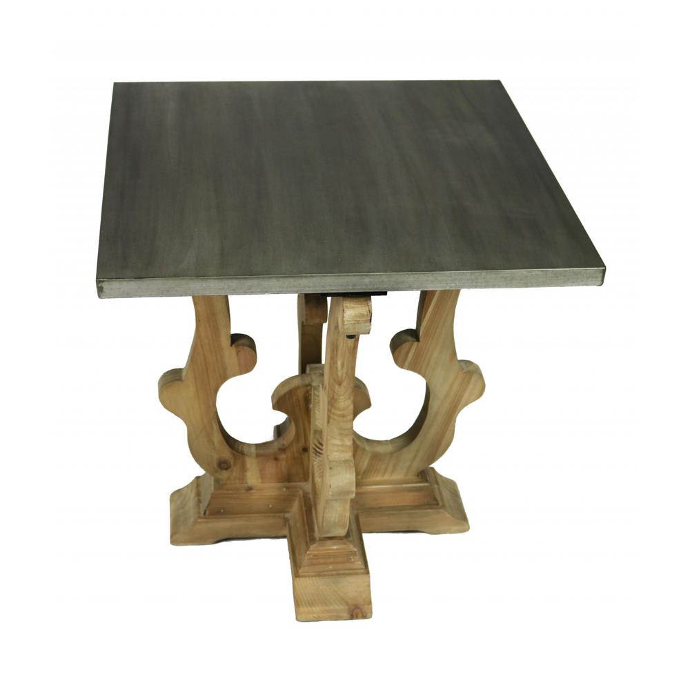 24" Natural Brown And Gray Metal And Solid Wood Square End Table. Picture 1