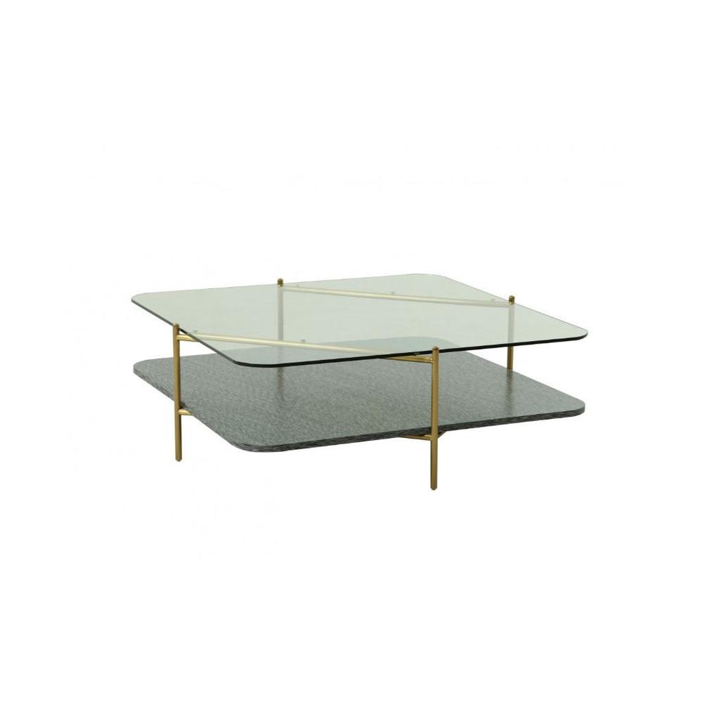 43" Gold And Clear Glass Square Coffee Table With Shelf. Picture 1
