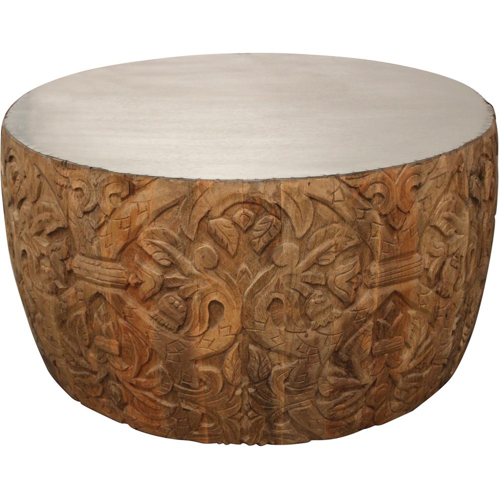 32" Natural Brown And White Wash Hand Carved Wood Round Coffee Table. Picture 1
