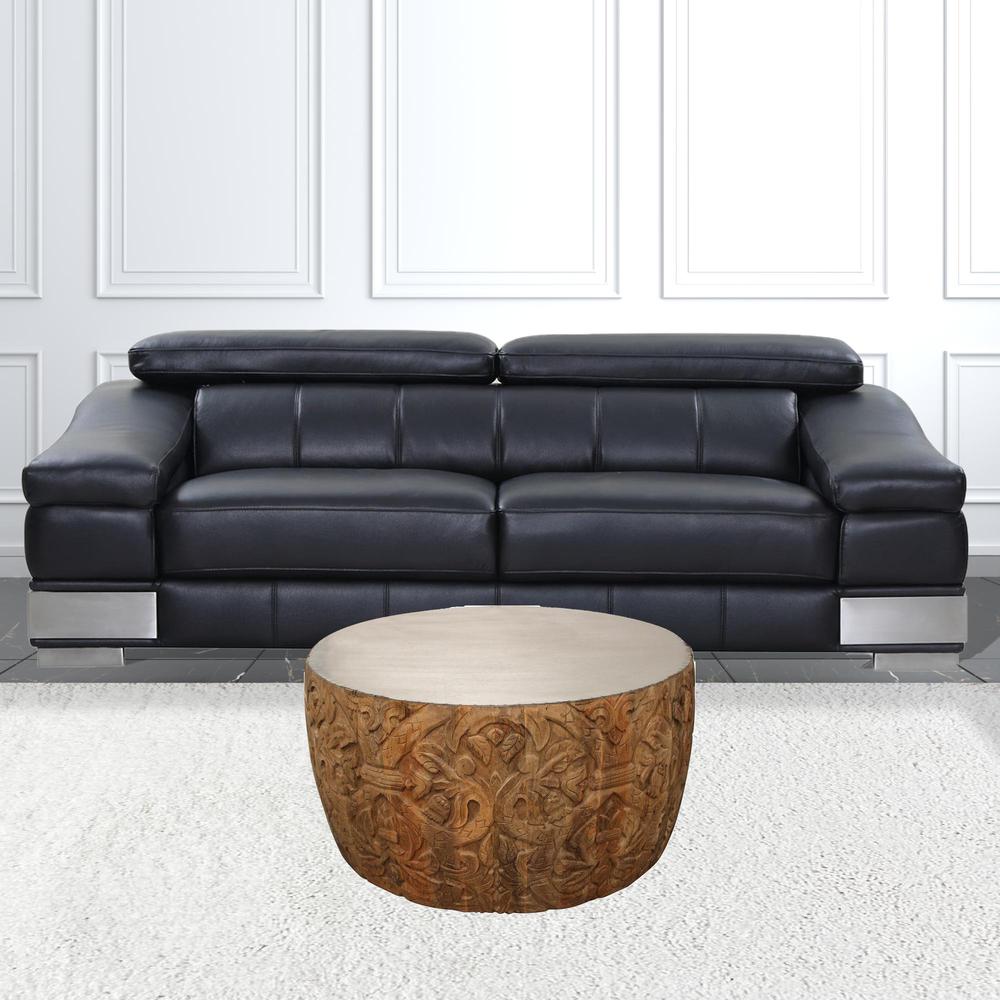 32" Natural Brown And White Wash Hand Carved Wood Round Coffee Table. Picture 2