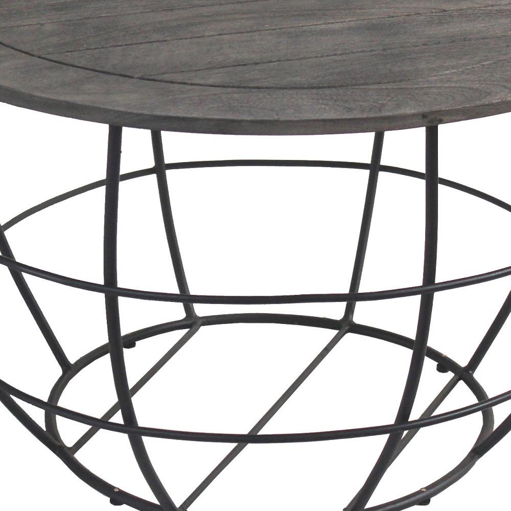 32" Gray Wash Solid Wood and Cast Iron Round Distressed Coffee Table. Picture 5