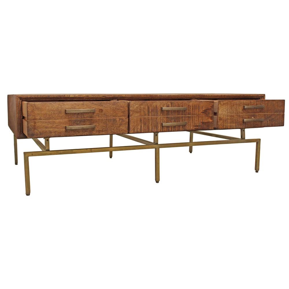56" Brass And Brown Solid Wood Rectangular Distressed Storage Coffee Table. Picture 3