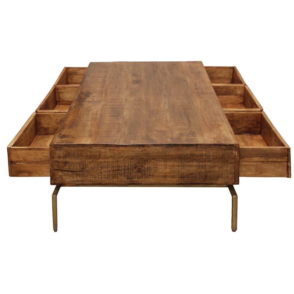 56" Brass And Brown Solid Wood Rectangular Distressed Storage Coffee Table. Picture 6