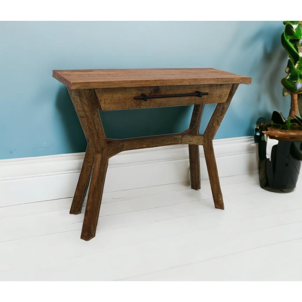 36" Natural Solid Wood Distressed Cross Leg Console Table With Storage. Picture 4