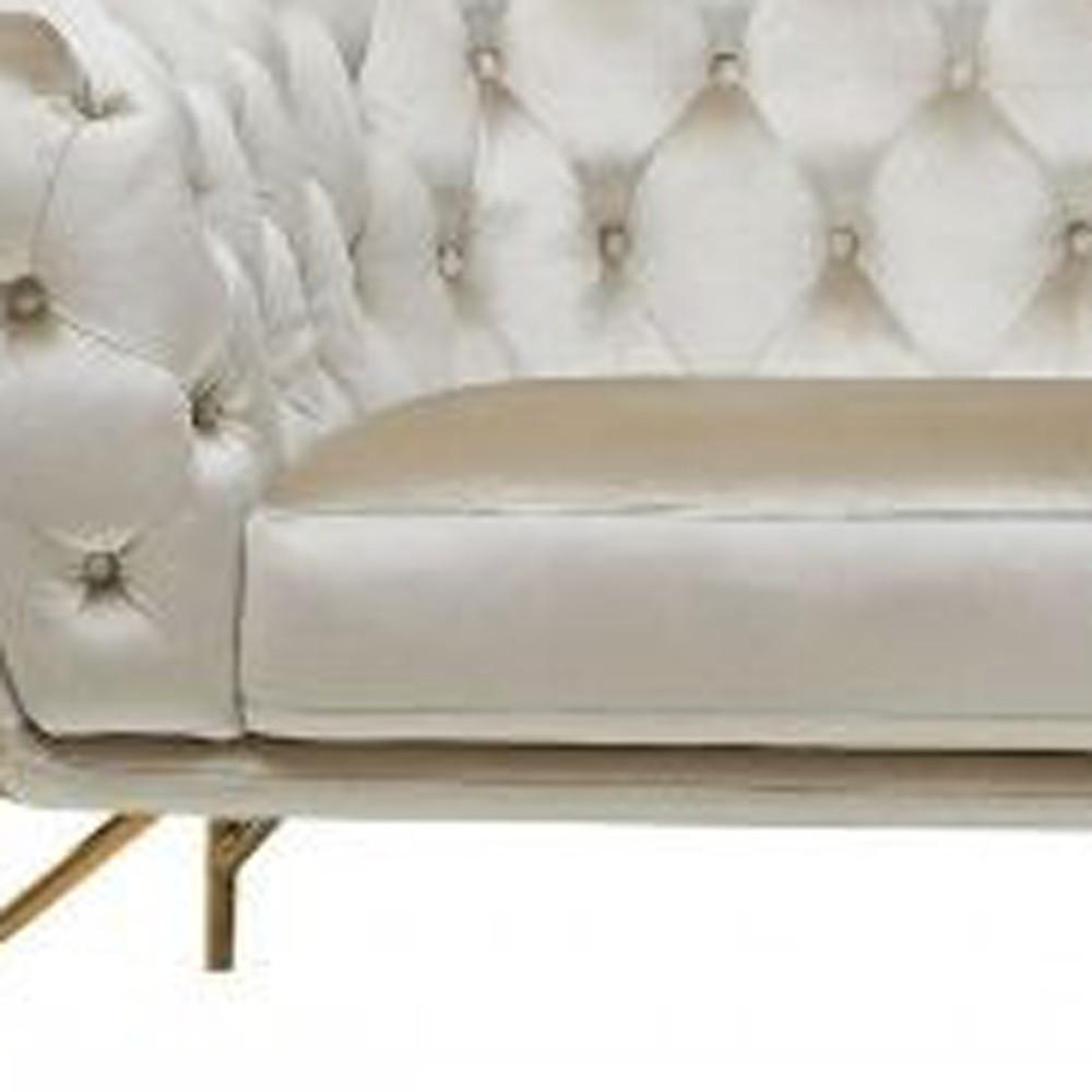 88" Beige Tufted Velvet and Gold Chesterfield Sofa. Picture 3
