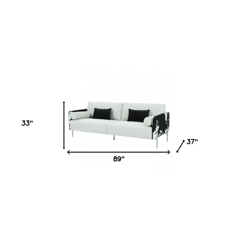 89" White Faux Cowhide and Silver Sofa. Picture 5