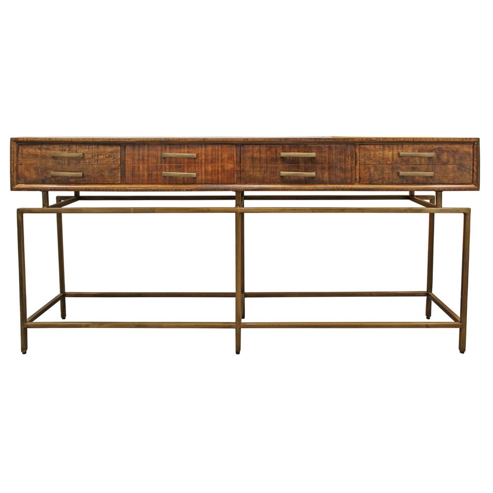 72" Brown and Brass Solid Wood Distressed Frame Console Table With Storage. Picture 1