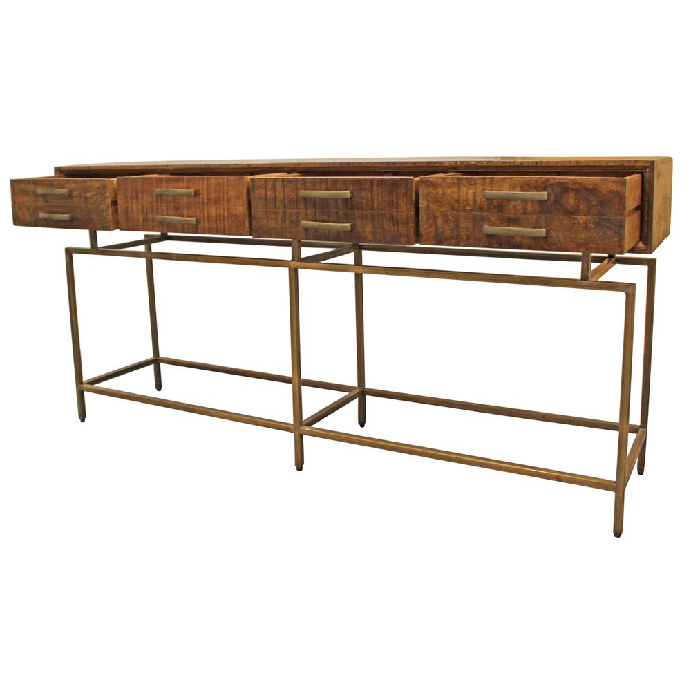 72" Brown and Brass Solid Wood Distressed Frame Console Table With Storage. Picture 3