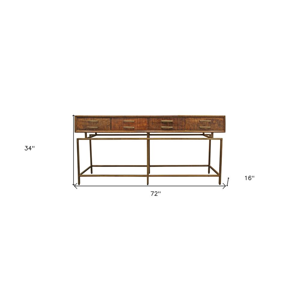 72" Brown and Brass Solid Wood Distressed Frame Console Table With Storage. Picture 8