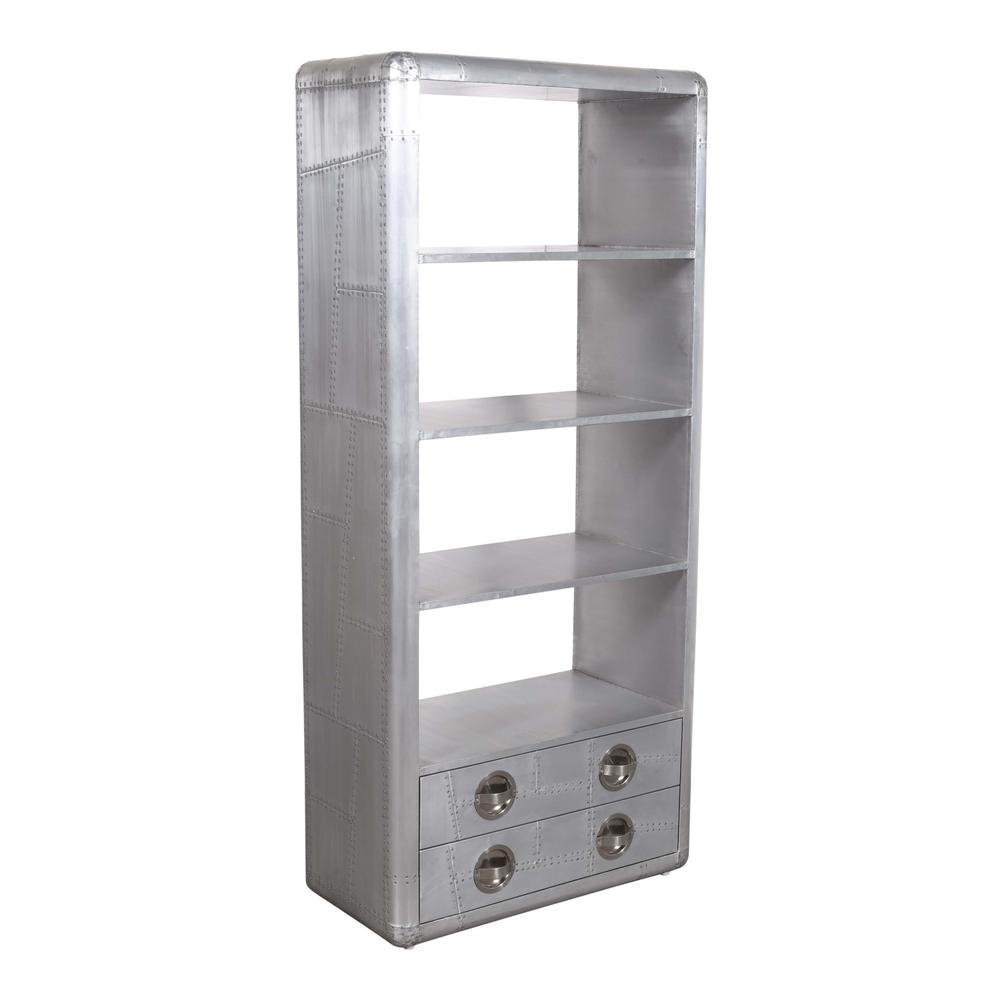 71" Silver Aluminum Four Tier Bookcase with Drawers. Picture 2