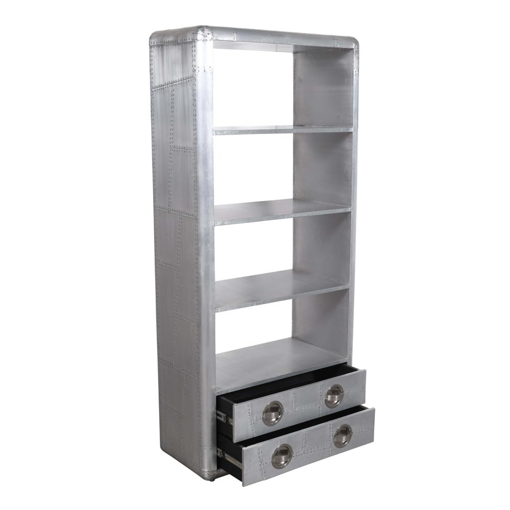 71" Silver Aluminum Four Tier Bookcase with Drawers. Picture 3