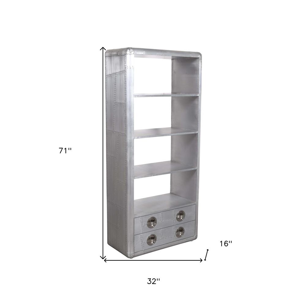 71" Silver Aluminum Four Tier Bookcase with Drawers. Picture 7