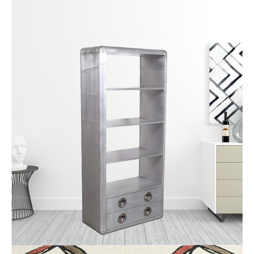 71" Silver Aluminum Four Tier Bookcase with Drawers. Picture 4