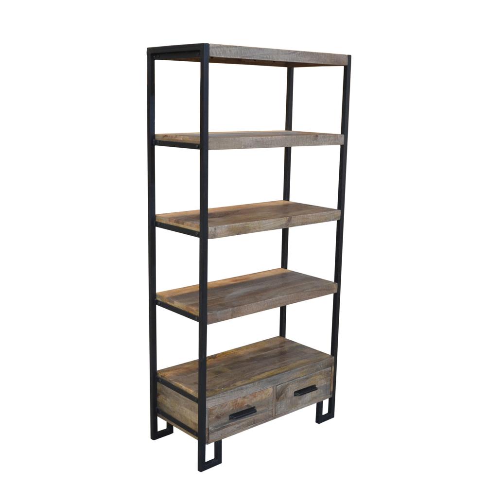 71" Rustic Distressed Solid Wood Oak And Black Four Tier Etagere Bookcase. Picture 2