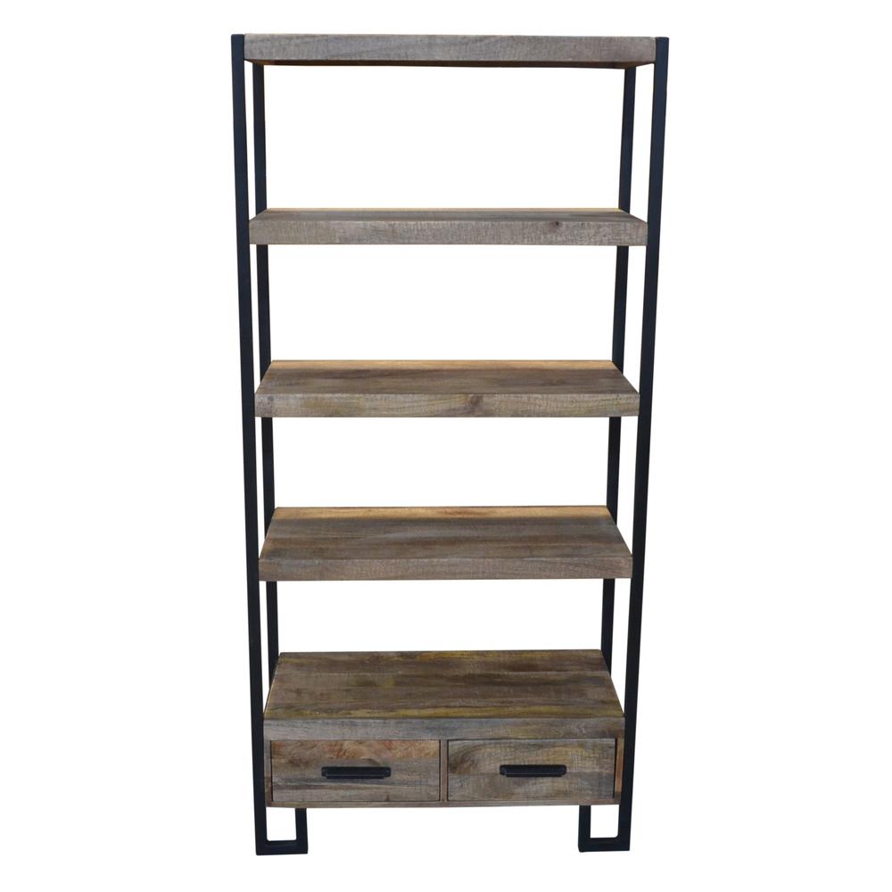 71" Rustic Distressed Solid Wood Oak And Black Four Tier Etagere Bookcase. Picture 1