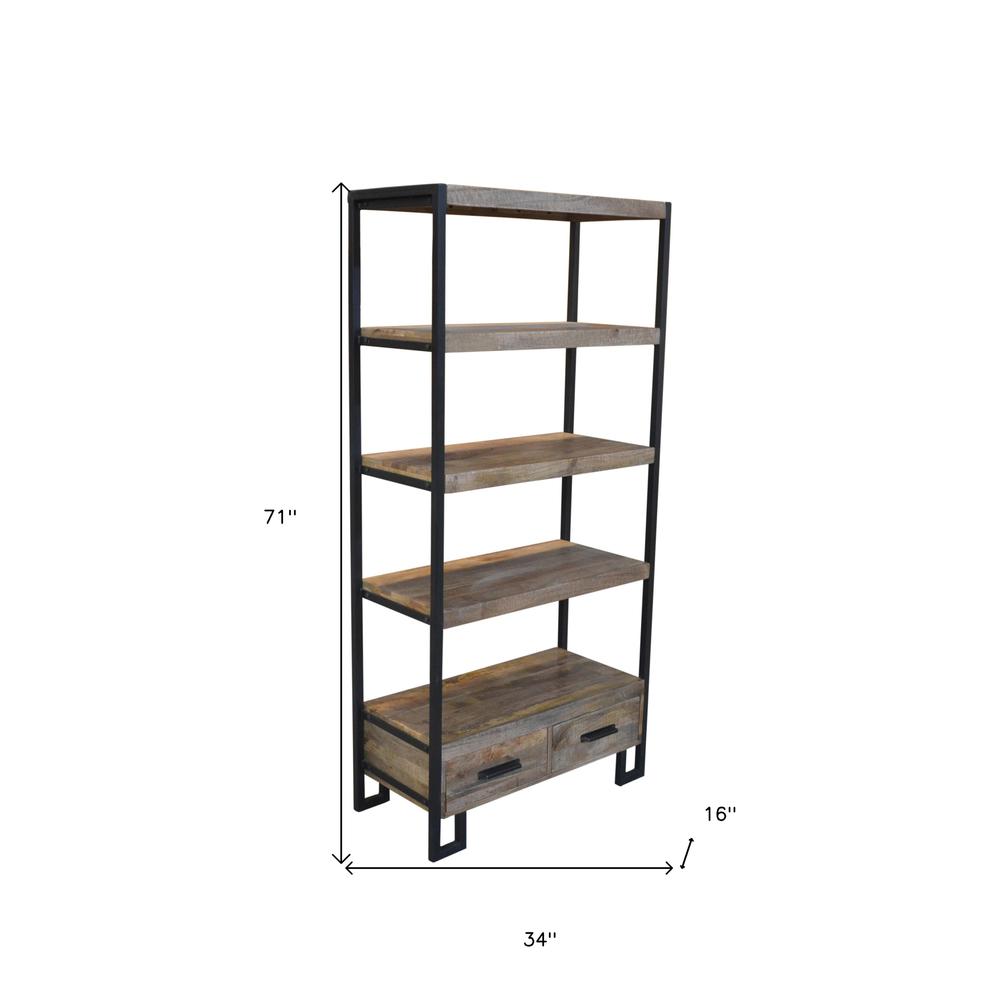 71" Rustic Distressed Solid Wood Oak And Black Four Tier Etagere Bookcase. Picture 4