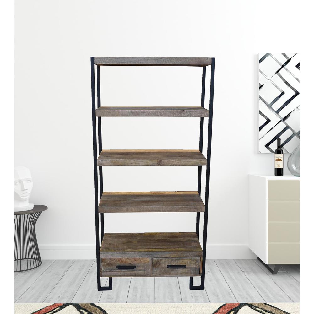 71" Rustic Distressed Solid Wood Oak And Black Four Tier Etagere Bookcase. Picture 3