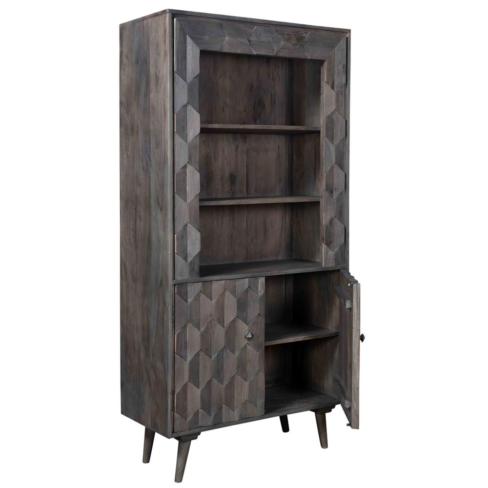 70" Dark Gray Distressed Solid Wood Three Tier Two Door Bookcase. Picture 2