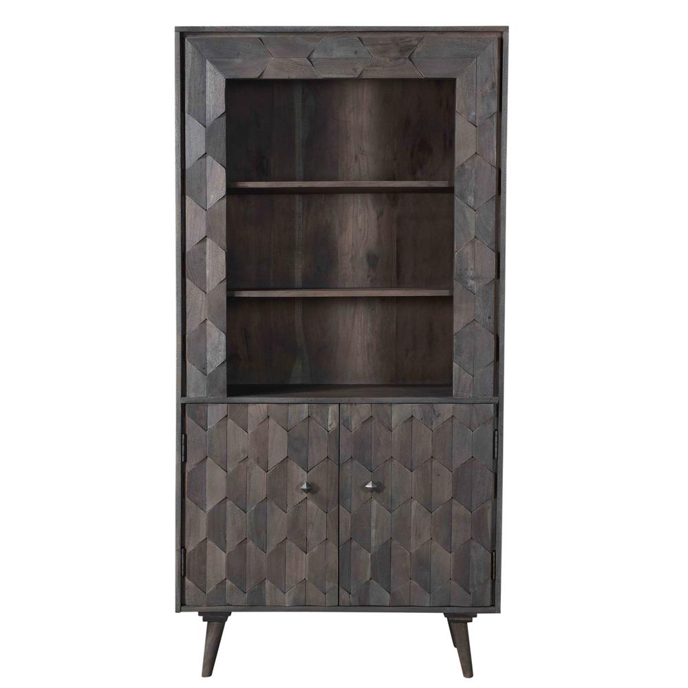 70" Dark Gray Distressed Solid Wood Three Tier Two Door Bookcase. Picture 1