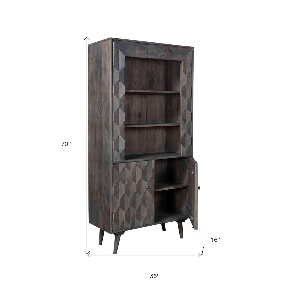70" Dark Gray Distressed Solid Wood Three Tier Two Door Bookcase. Picture 7
