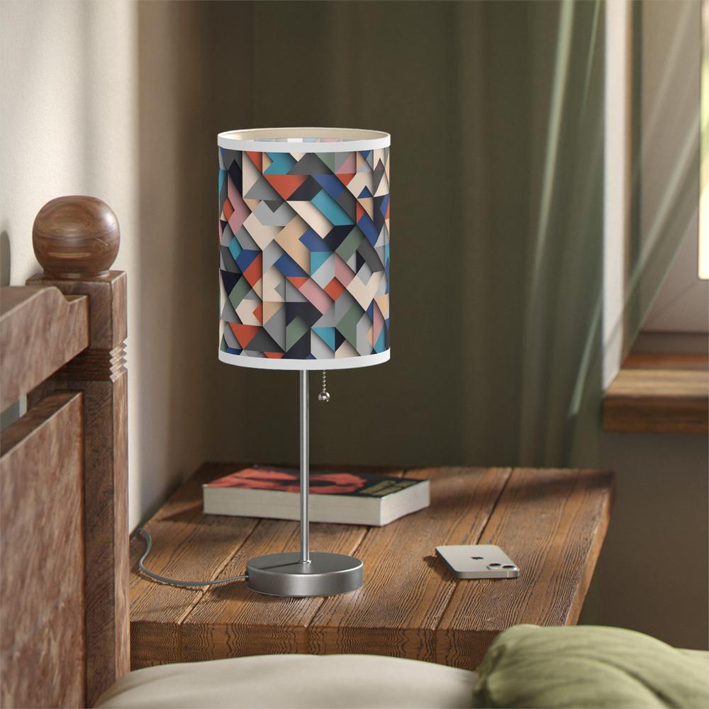 20" Silver Metal Standard Table Lamp With Retro Multi Color Cylinder Shade. Picture 6