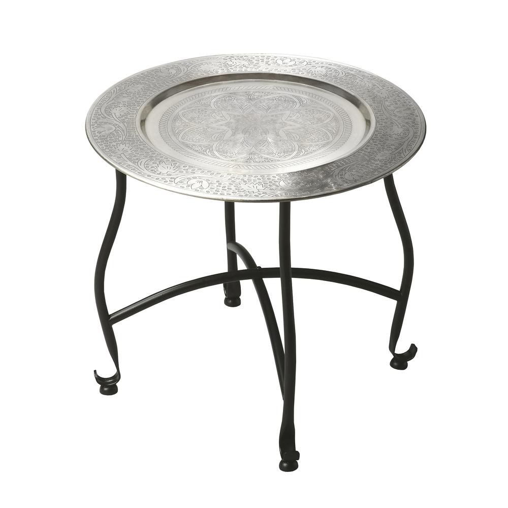 14" Black And Silver Aluminum Round End Table. Picture 1