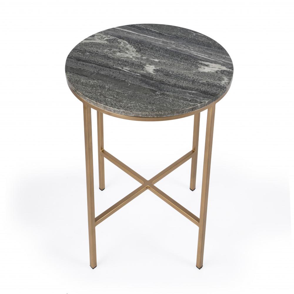 23" Brass And Gray Marble Round End Table. Picture 2