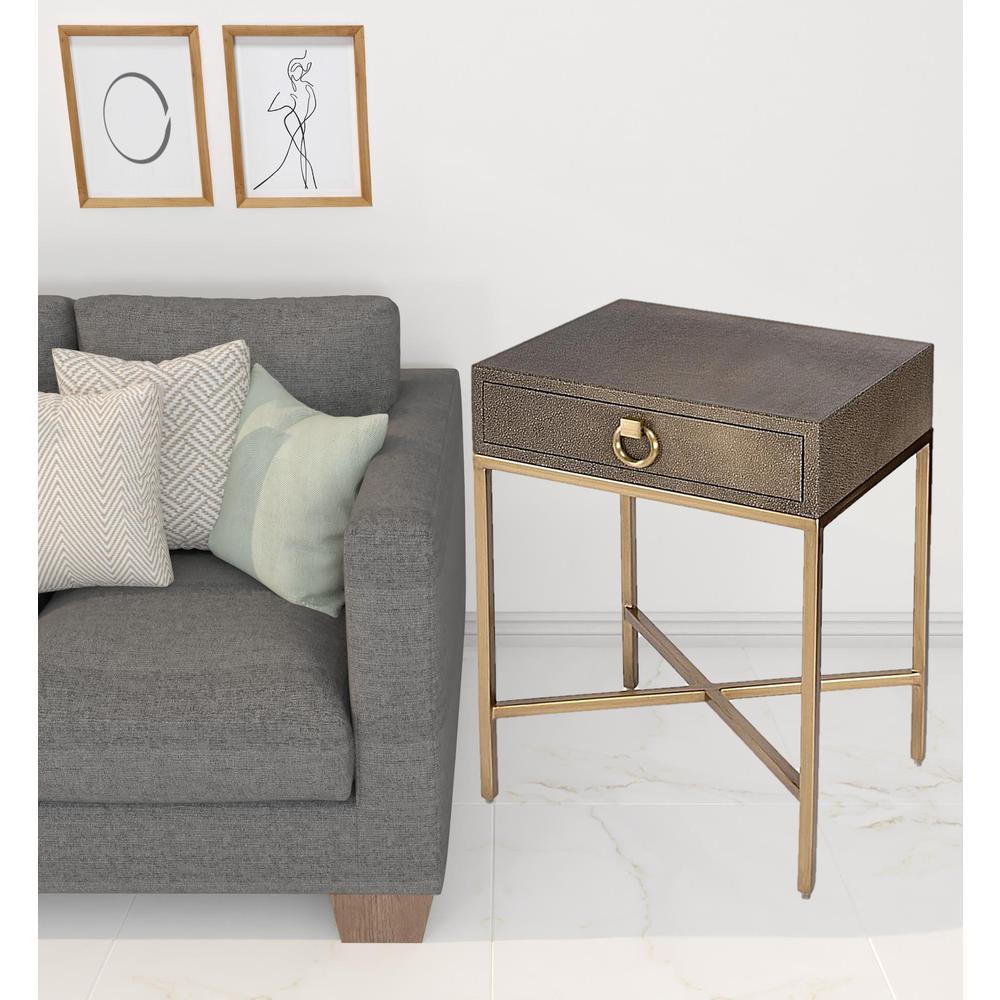 27" Gold and Brown Shagreen Faux Leather End Table With Drawer. Picture 7