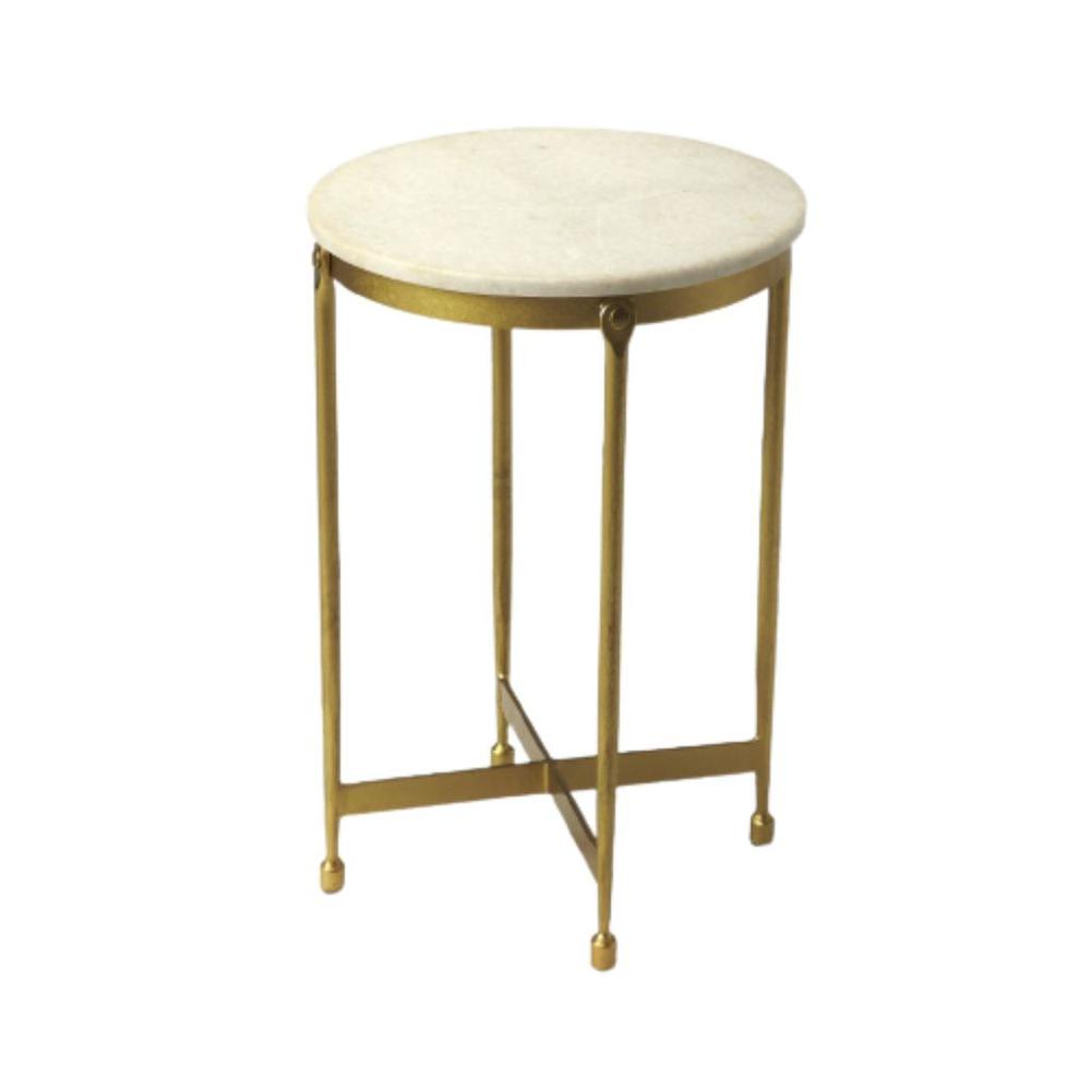 20" Antiqued Gold And White Marble Round End Table. Picture 1