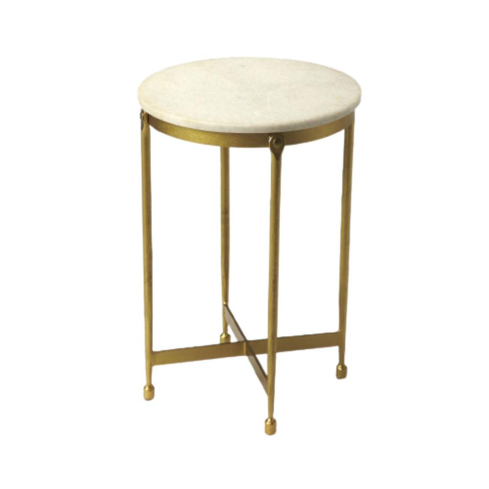 20" Antiqued Gold And White Marble Round End Table. Picture 2