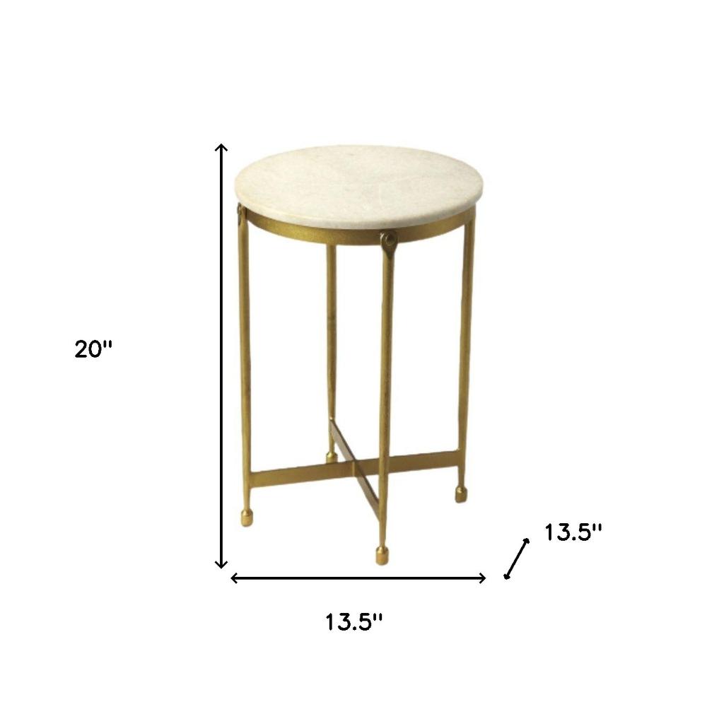 20" Antiqued Gold And White Marble Round End Table. Picture 5