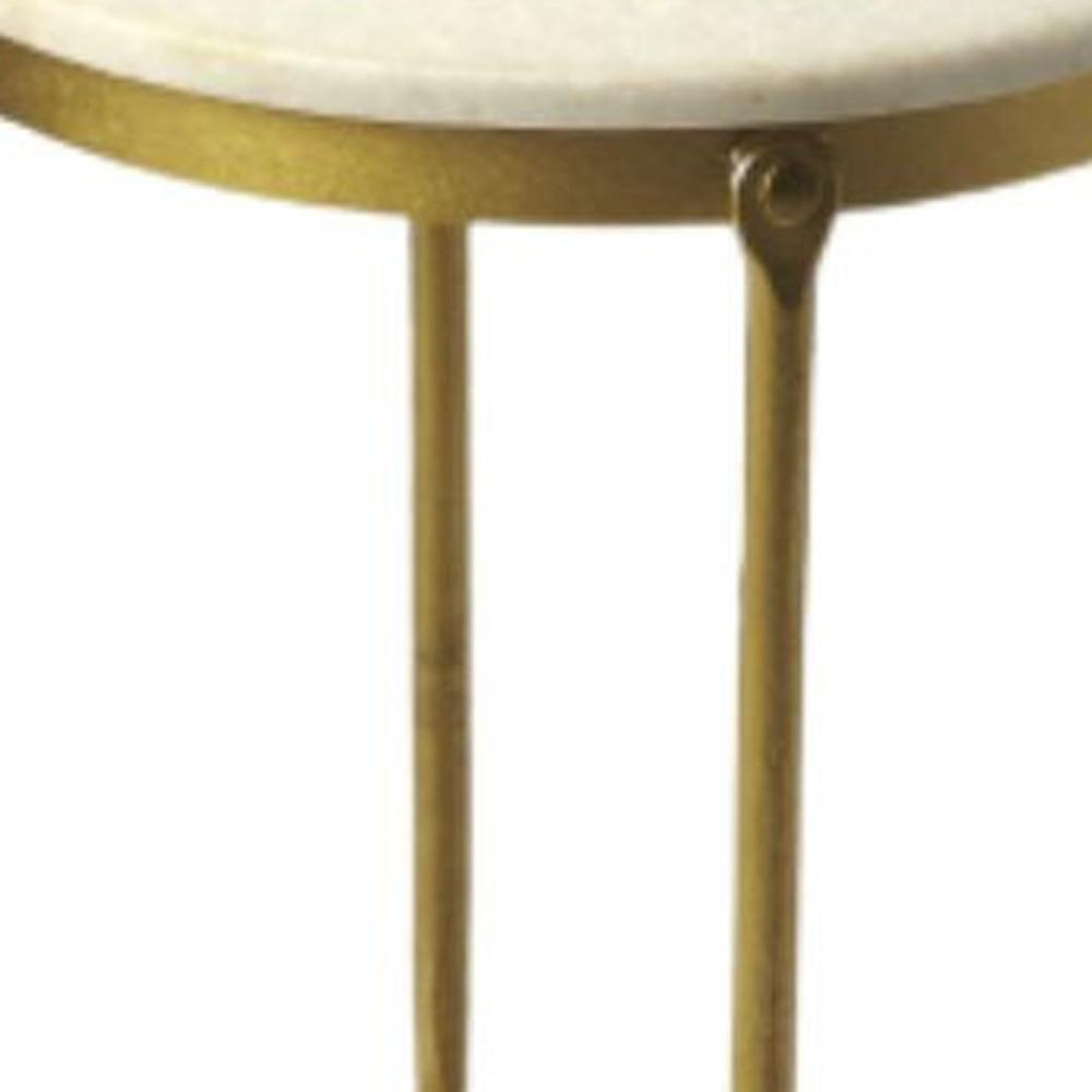 20" Antiqued Gold And White Marble Round End Table. Picture 4