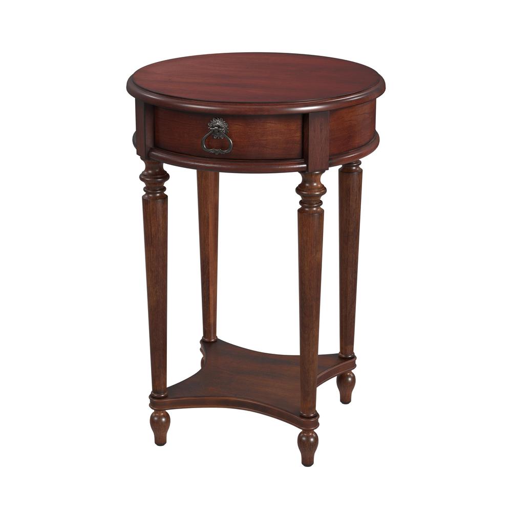 26" Cherry Solid And Manufactured Wood Round End Table With Drawer And Shelf. Picture 1