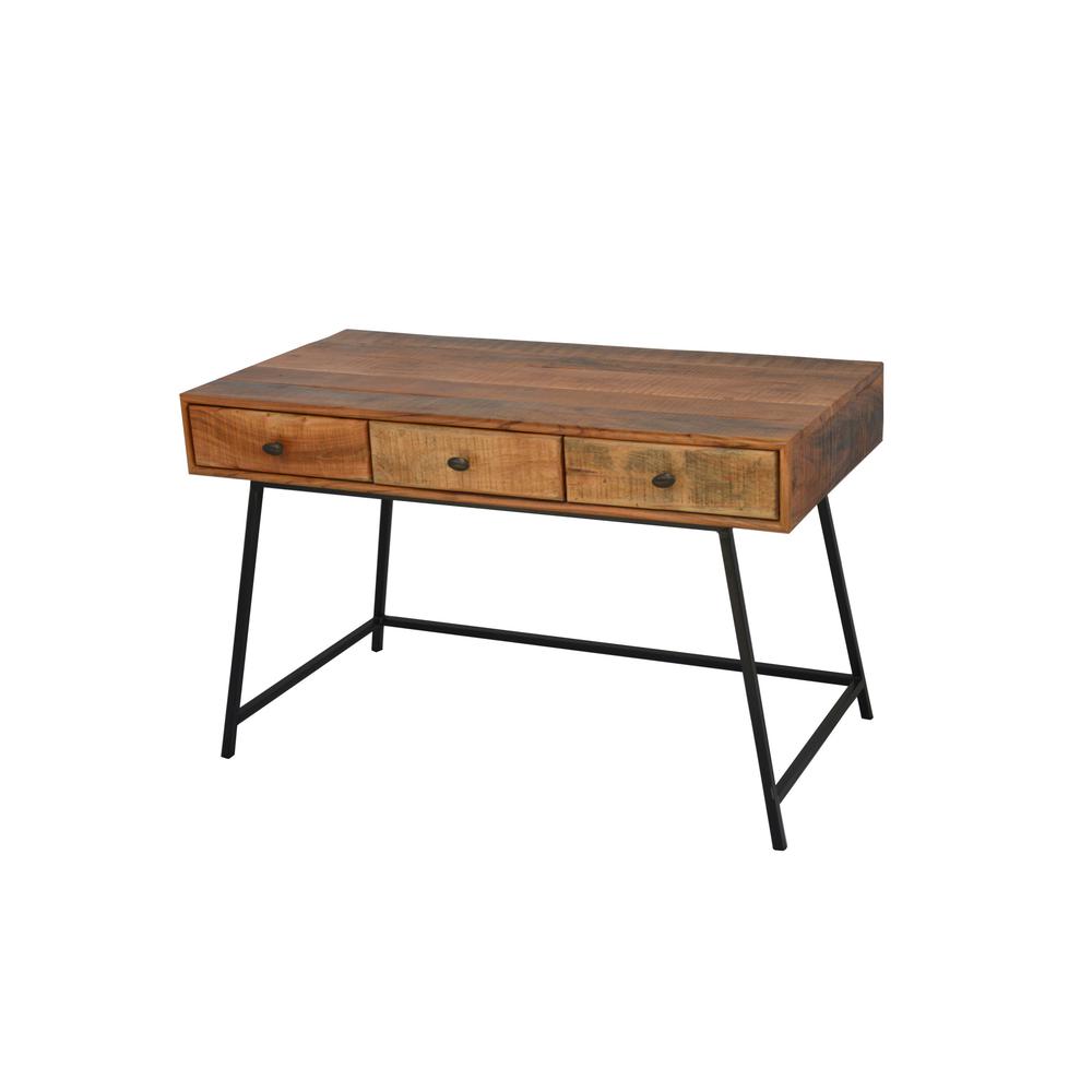 47" Natural And Black Mango Solid Wood Writing Desk With Three Drawers. Picture 1