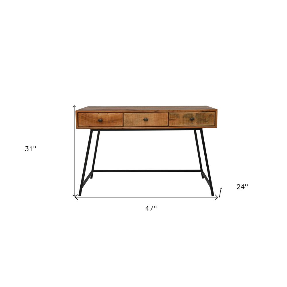 47" Natural And Black Mango Solid Wood Writing Desk With Three Drawers. Picture 6
