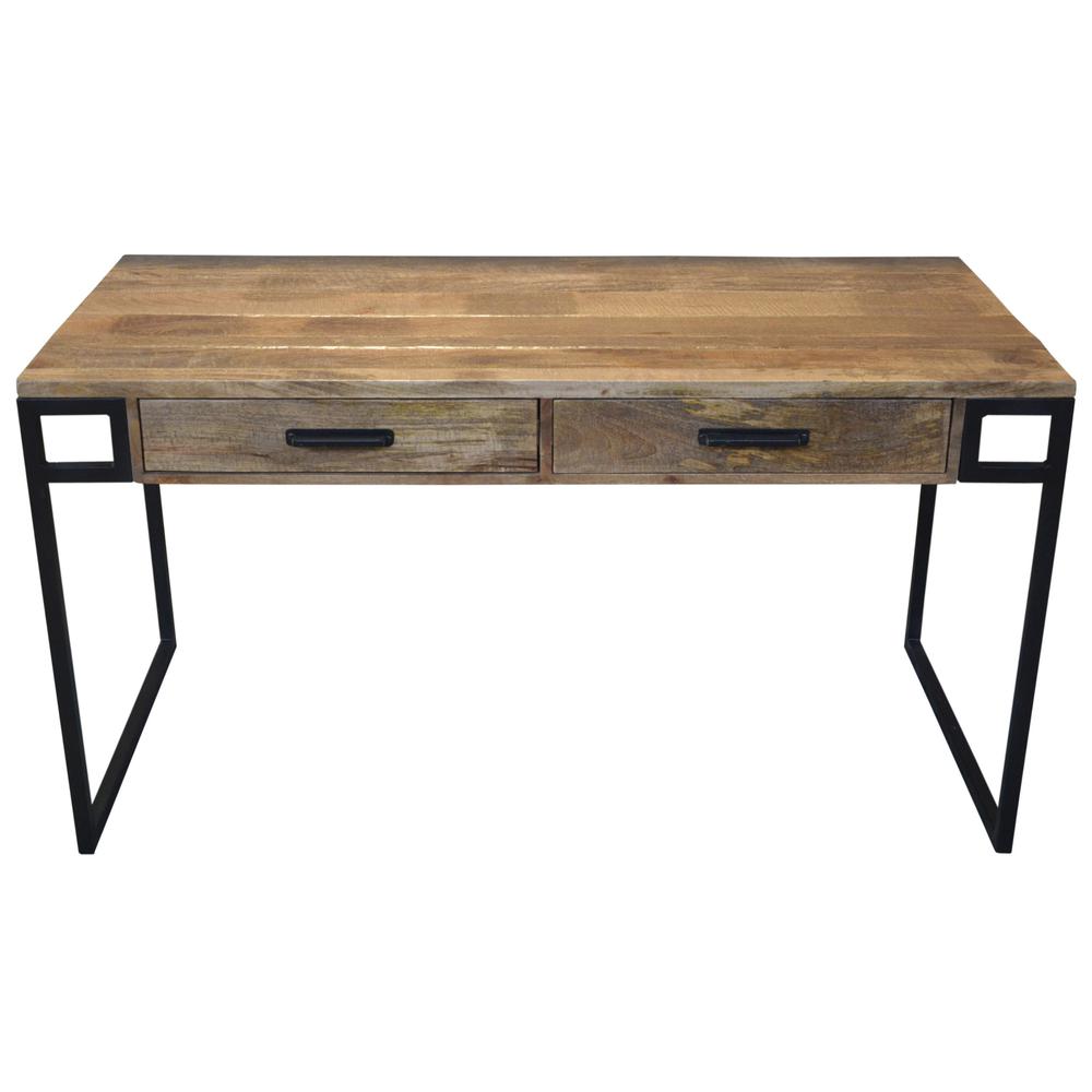 60" Natural And Black Mango Solid Wood Writing Desk With Two Drawers. Picture 2