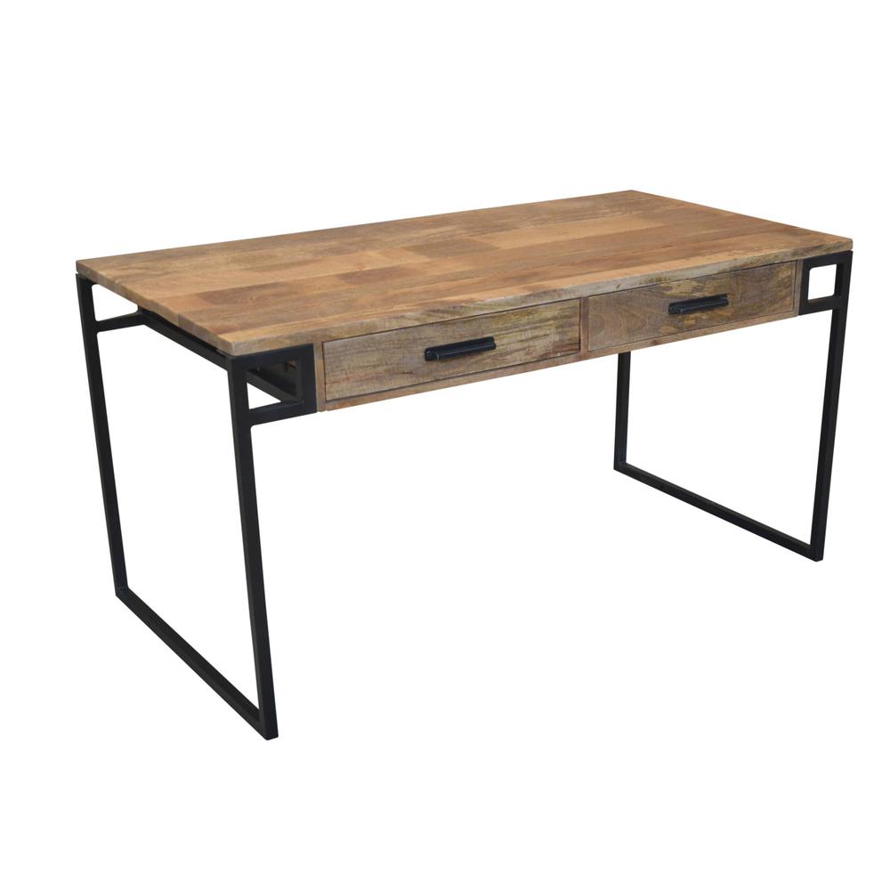 60" Natural And Black Mango Solid Wood Writing Desk With Two Drawers. Picture 1