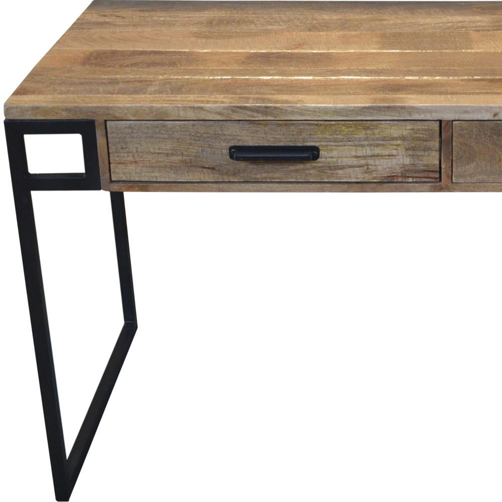 60" Natural And Black Mango Solid Wood Writing Desk With Two Drawers. Picture 5
