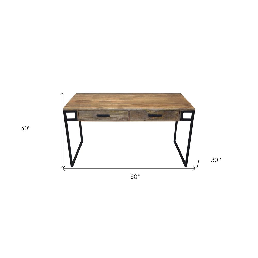 60" Natural And Black Mango Solid Wood Writing Desk With Two Drawers. Picture 6