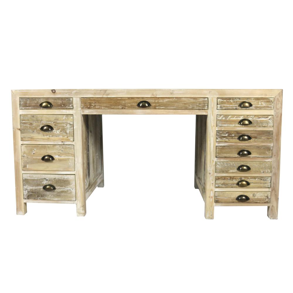 63" Dark Brown Pine Solid Wood Credenza Desk With Twelve Drawers. Picture 1