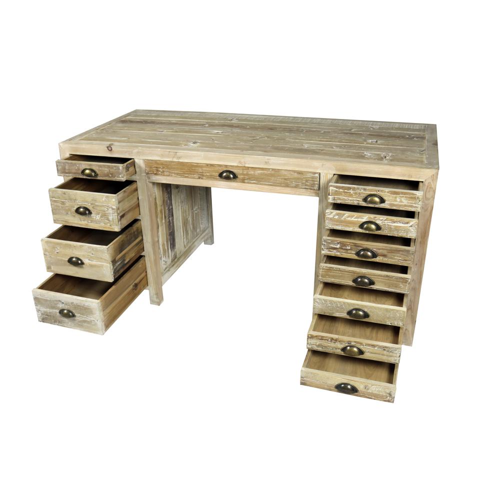 63" Dark Brown Pine Solid Wood Credenza Desk With Twelve Drawers. Picture 2