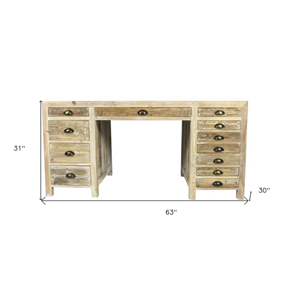 63" Dark Brown Pine Solid Wood Credenza Desk With Twelve Drawers. Picture 7