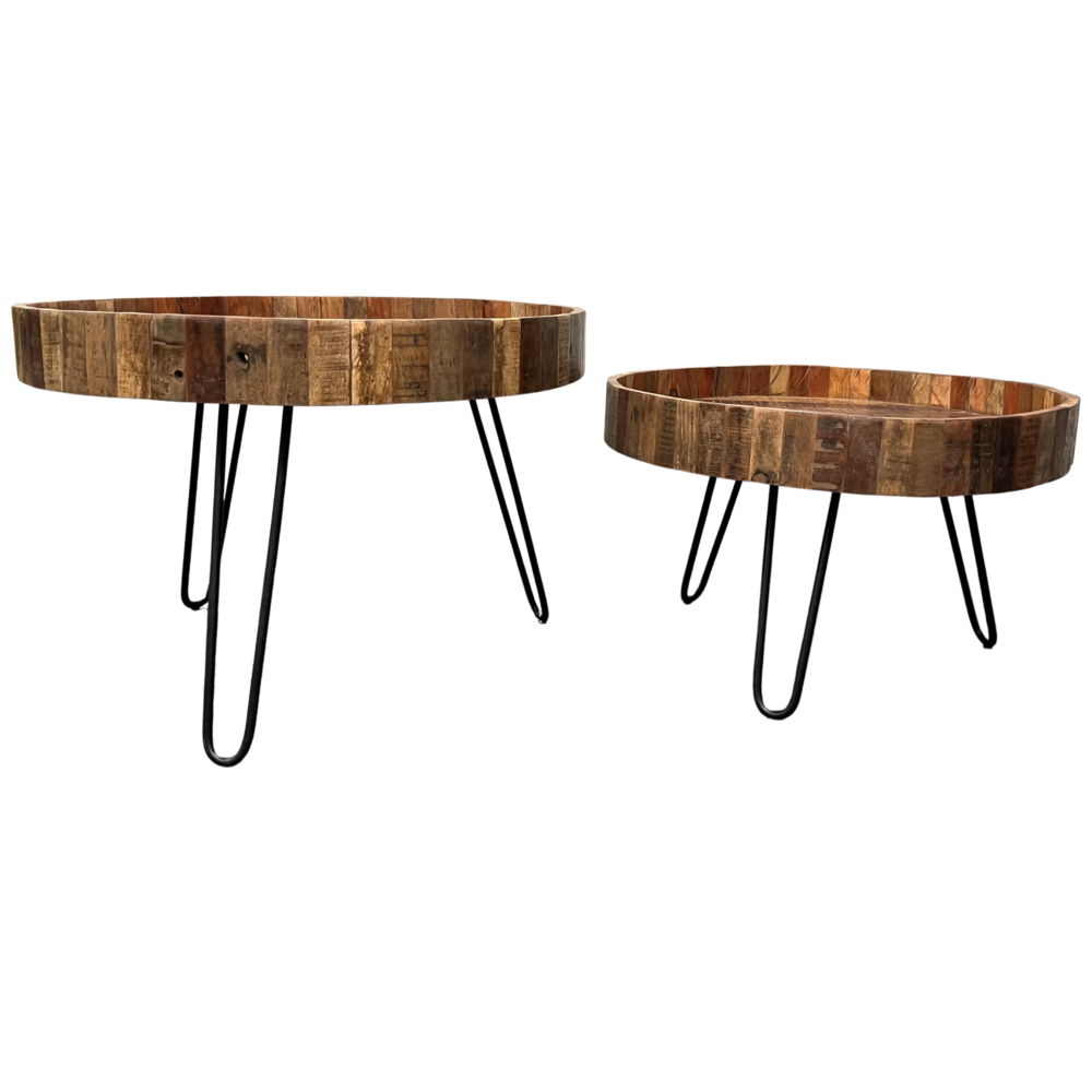 Set Of Two Black And Natural Brown Solid Wood And Iron Round End Tables. Picture 8