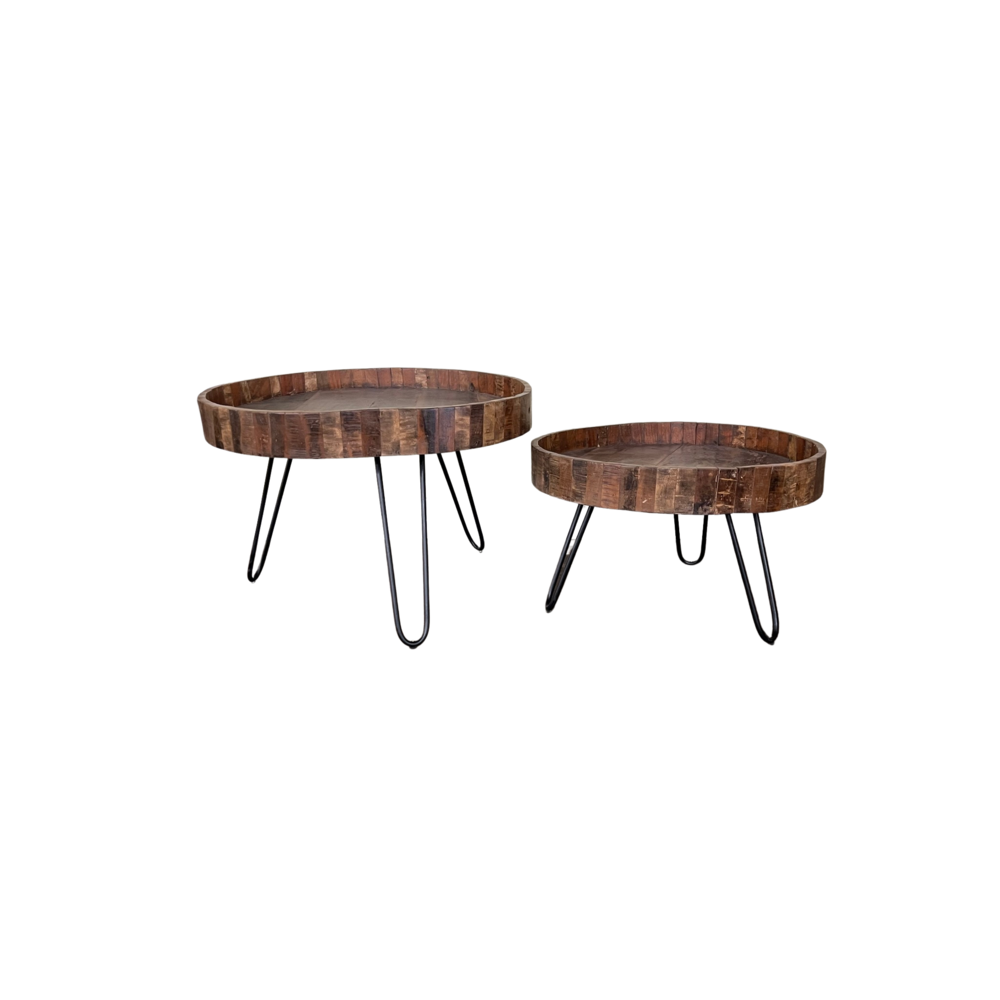 Set Of Two Black And Natural Brown Solid Wood And Iron Round End Tables. Picture 5