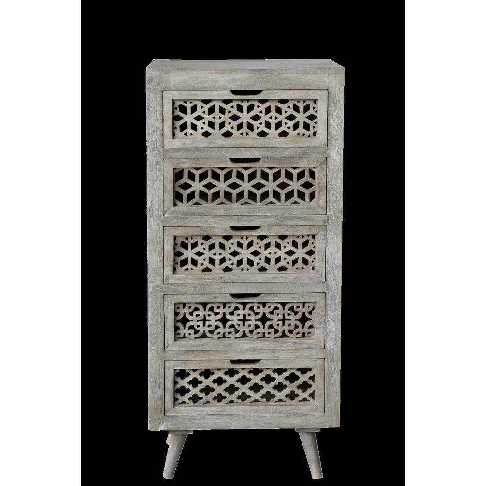 Halle 5-Drawer Hand-Carved Tall Chest in Gray. Picture 4