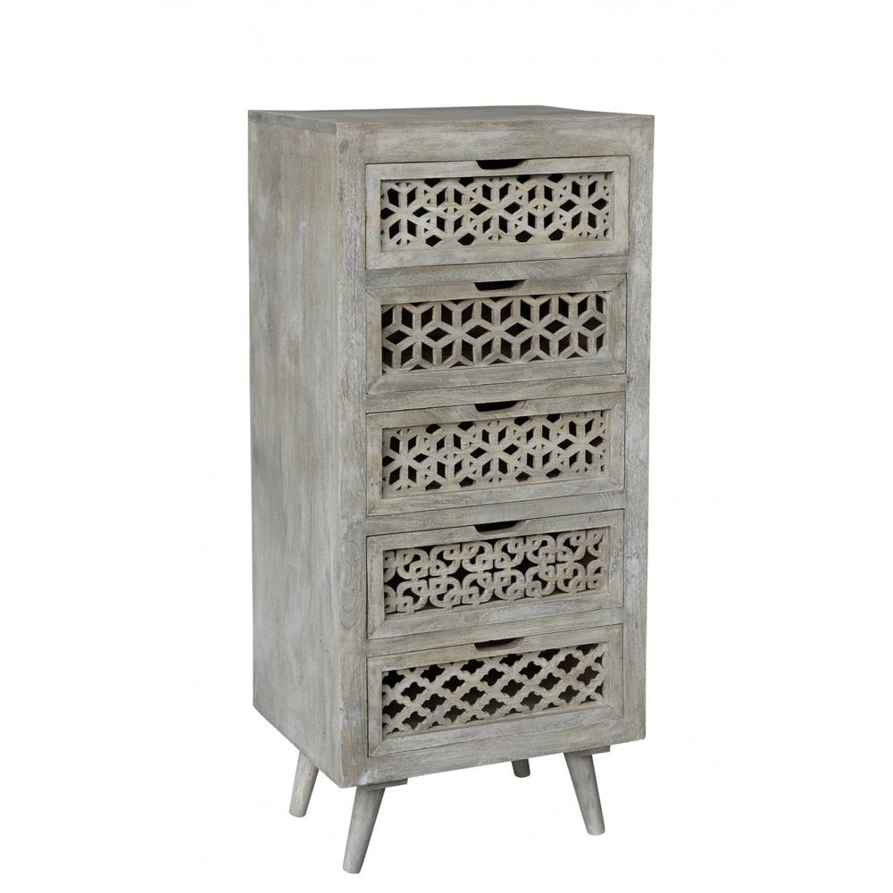 Halle 5-Drawer Hand-Carved Tall Chest in Gray. Picture 2