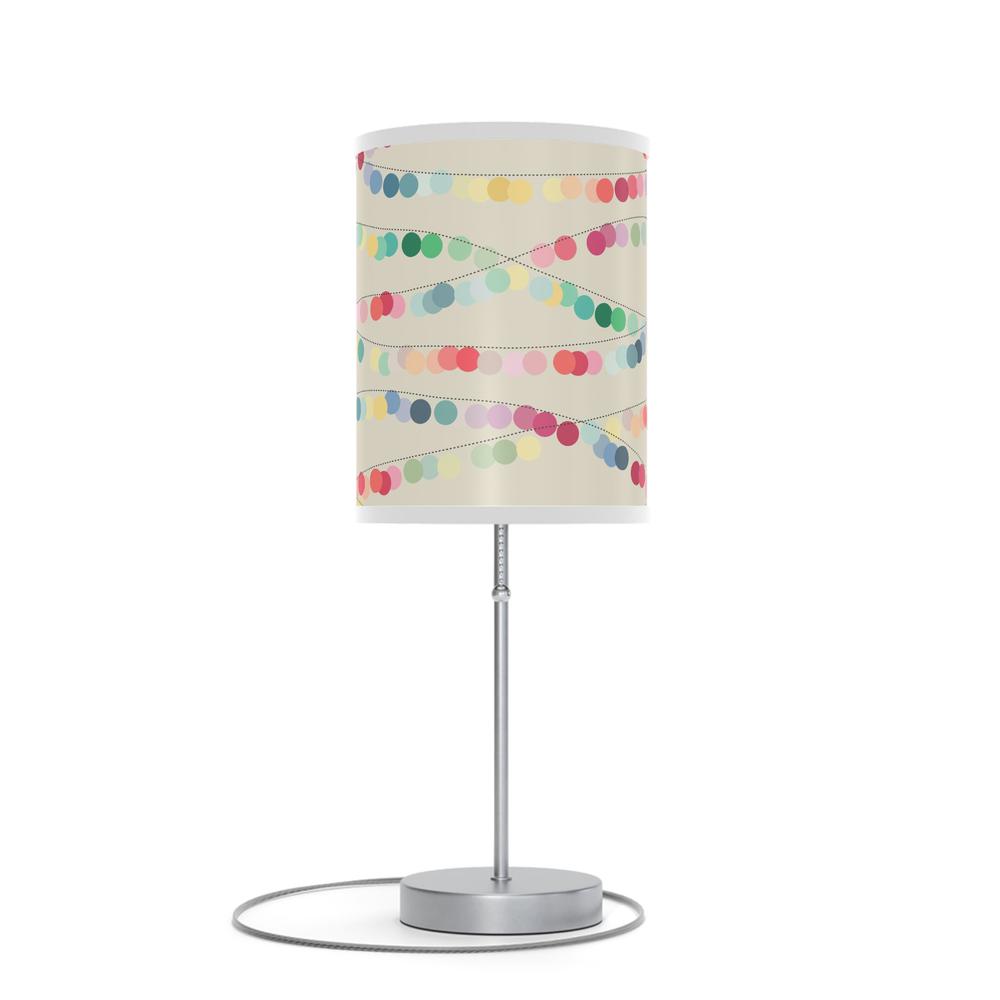 20" Silver Table Lamp With Off White And Festive Multi Color Cylinder Shade. Picture 1
