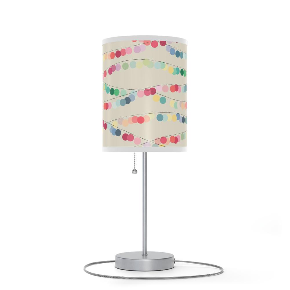 20" Silver Table Lamp With Off White And Festive Multi Color Cylinder Shade. Picture 4