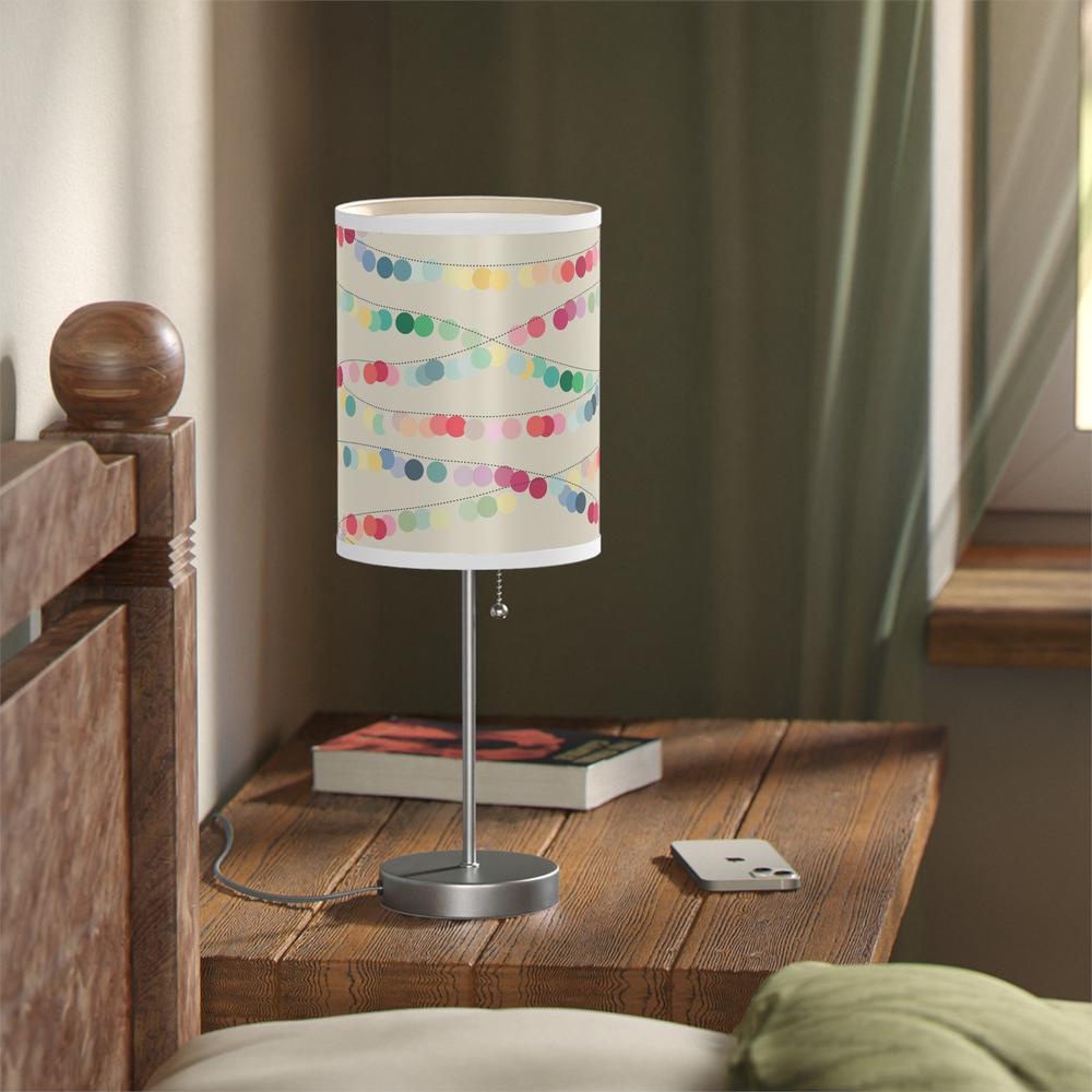 20" Silver Table Lamp With Off White And Festive Multi Color Cylinder Shade. Picture 6